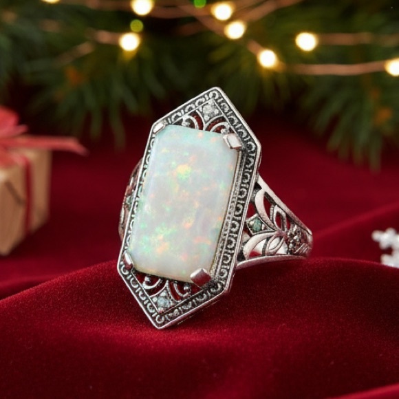 NWT Vintage Inspired Filagree Opal Sterling Silver Statement Ring